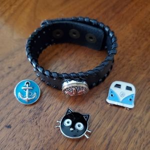 Leather snap charm bracelet.